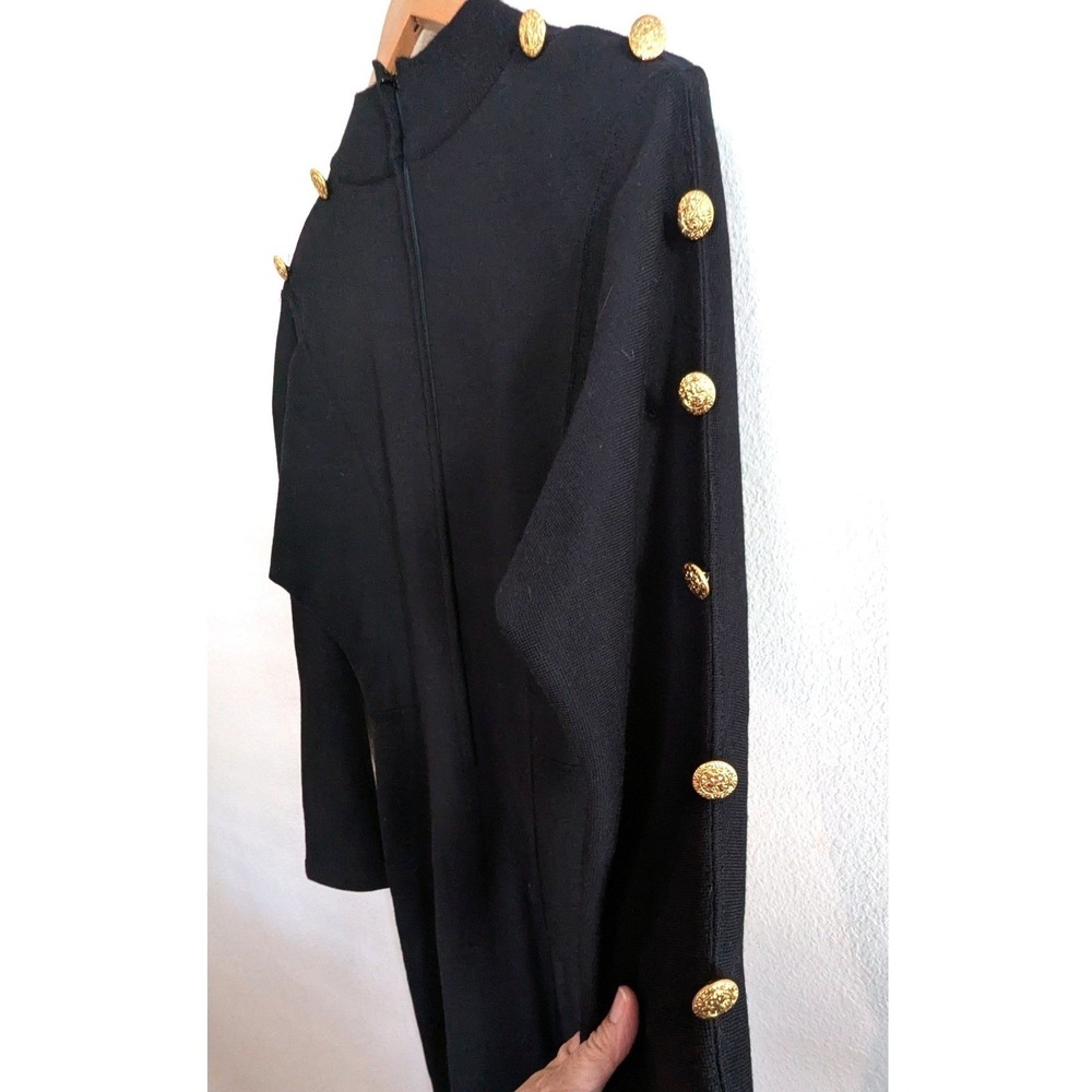 Vintage 80s Black Wool Blend Military Sweater Dress Gold Buttons Midi Sz M